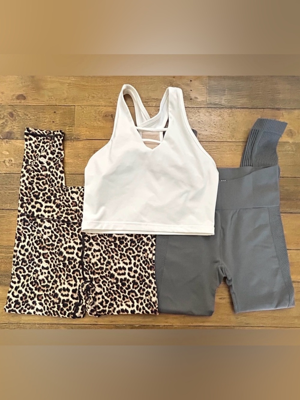 BUNDLE OF 3 ZYIA White Sports Bra Gray compression and leopard print leggings